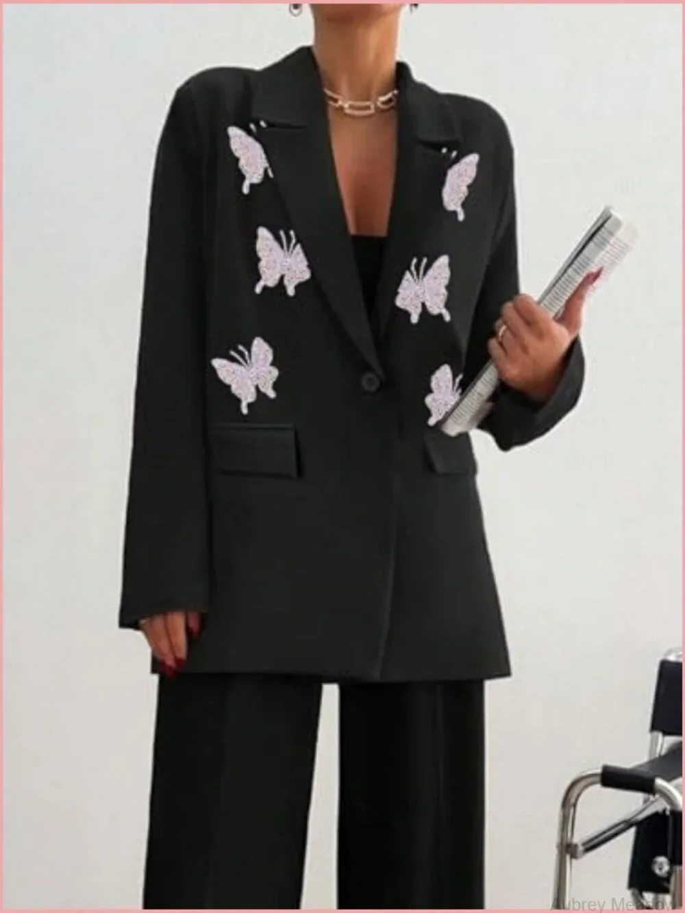 Notched Collar Butterfly Appliques Office Blazer 3/4 Sleeve Business Casual